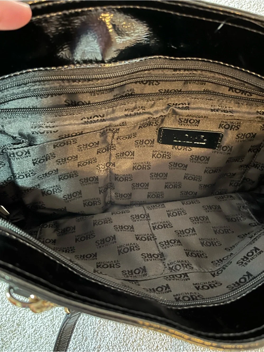 Michael Kors Black Patent Tote with Gold Chain Straps